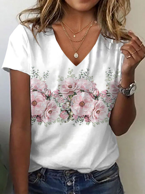 Women's Floral Spring Print Casual V-Neck Short Sleeve T-Shirt