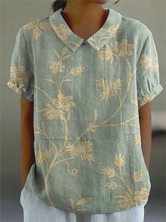 Women's Floral Spring Print Lapel Short Sleeve Shirt