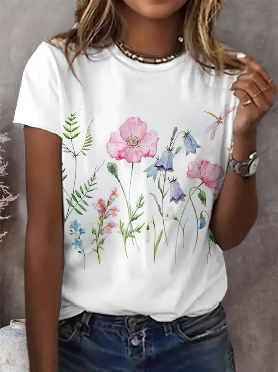 Women's Floral Spring Print Casual Round Neck Short Sleeve T-Shirt