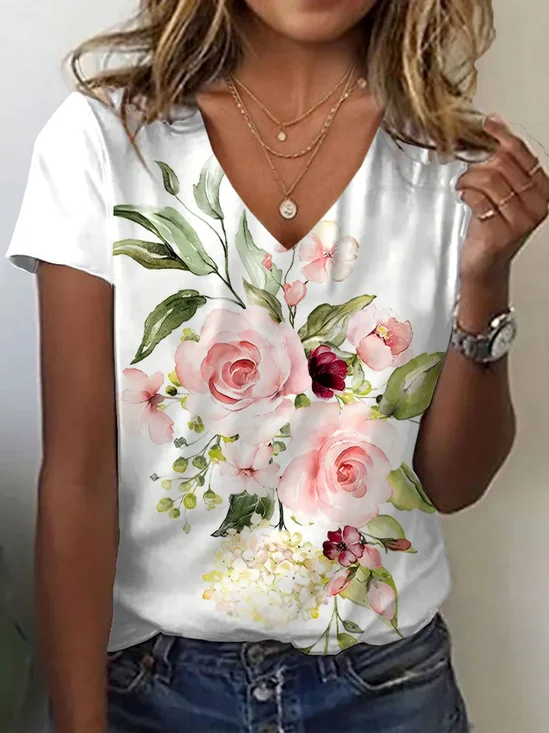Women's Floral Spring Print Casual V-Neck Short Sleeve T-Shirt