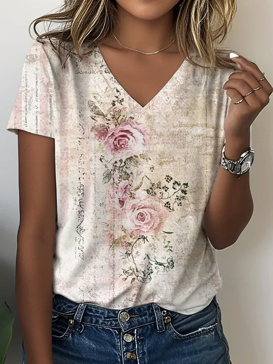 Loose V Neck Striped Casual T-Shirt