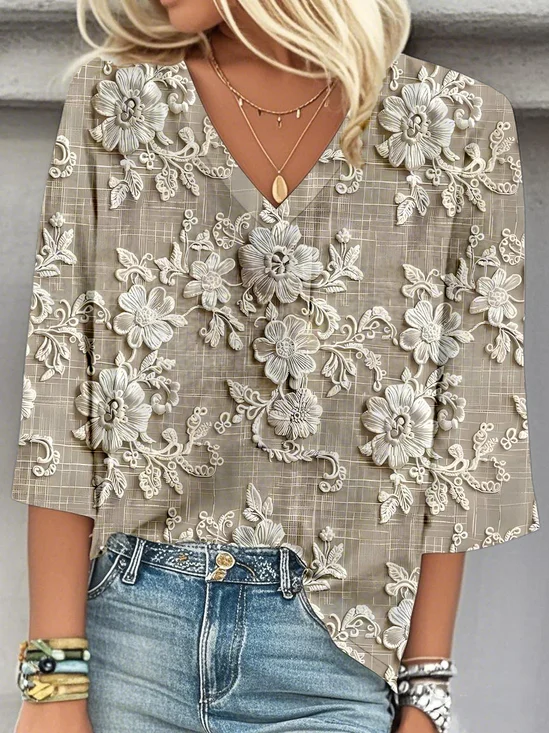 Casual Loose V Neck 3D Printing Blouse