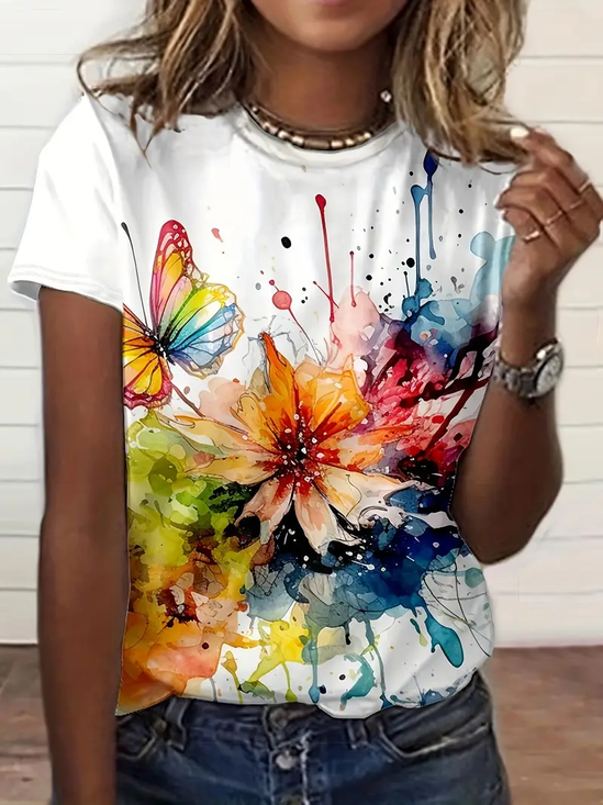 Women's Spring and Summer Floral Print Casual Short Sleeve Crew Neck T-Shirt