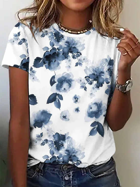Women's Spring and Summer Floral Print Casual Short Sleeve Crew Neck T-Shirt