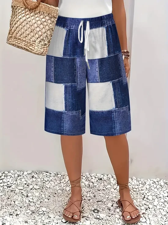 Women's Spring and Summer Plaid Print Casual Straight Lace-up Pants