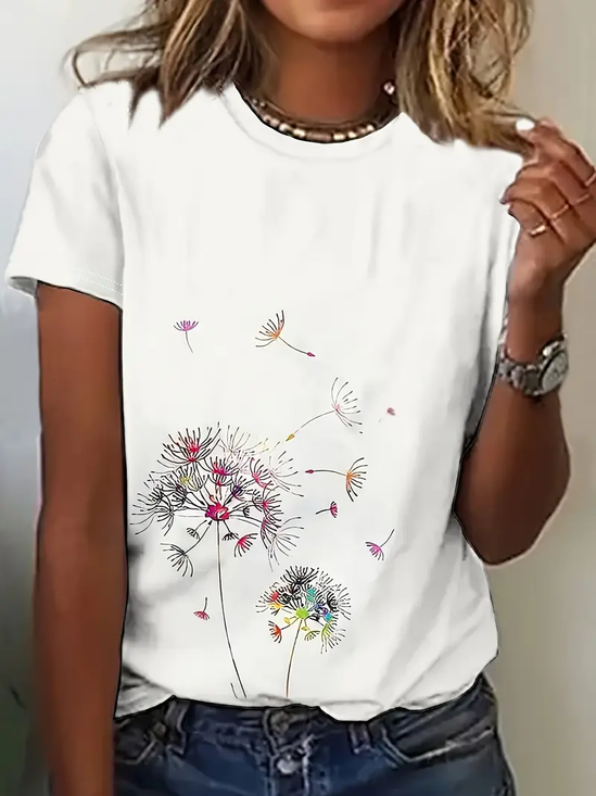 Women's Spring and Summer Floral Print Casual Short Sleeve Crew Neck T-Shirt