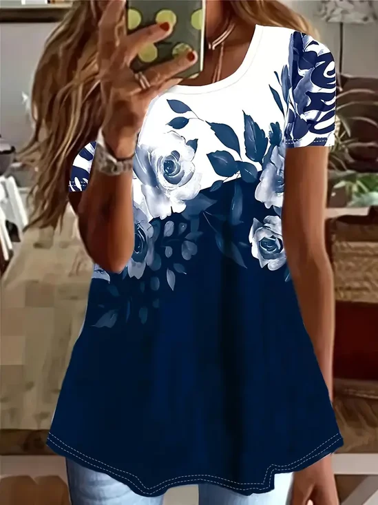 Women's Floral Spring Print Crew Neck Short Sleeve T-Shirt