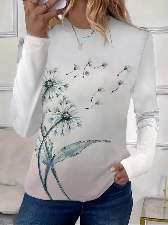 Women's Floral Spring Print Long Sleeve Crew Neck T-Shirt