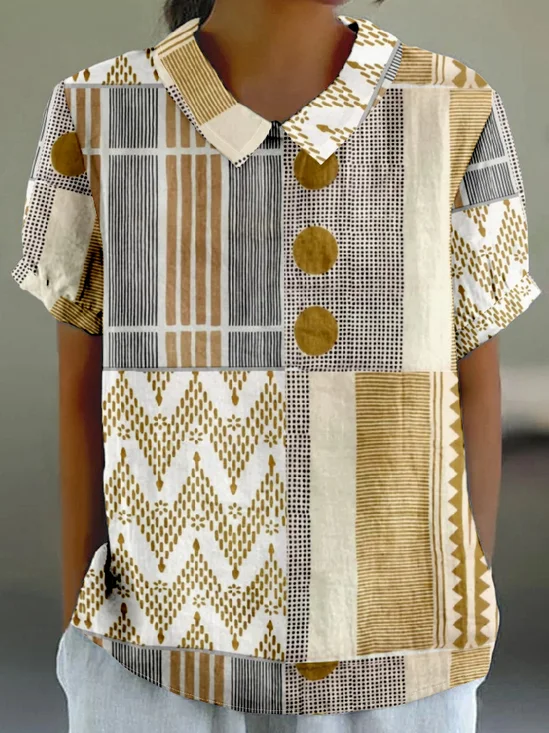 Vintage Shawl Collar Ethnic Geometry T-Shirt