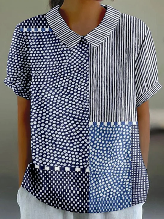 Striped Shawl Collar Casual Loose T-Shirt