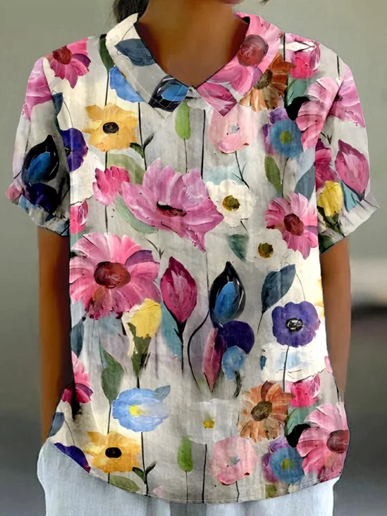 Shawl Collar Vintage Floral Loose T-Shirt