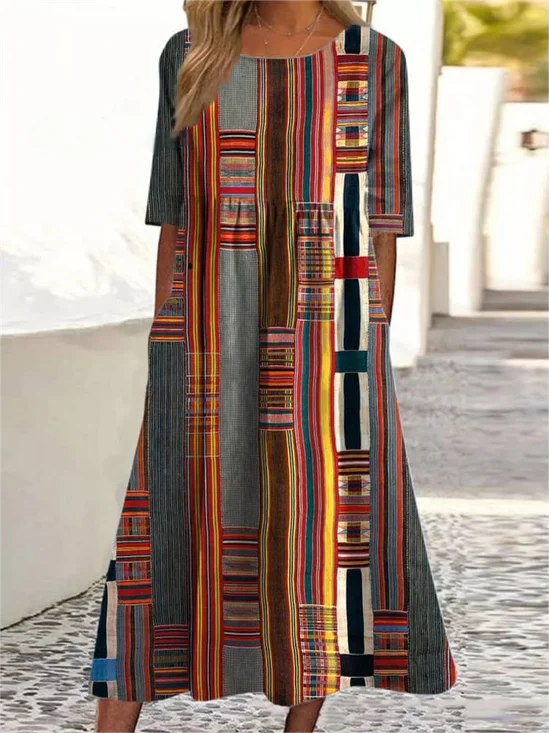 Loose Simple Crew Neck Multicolor Block Dress With No