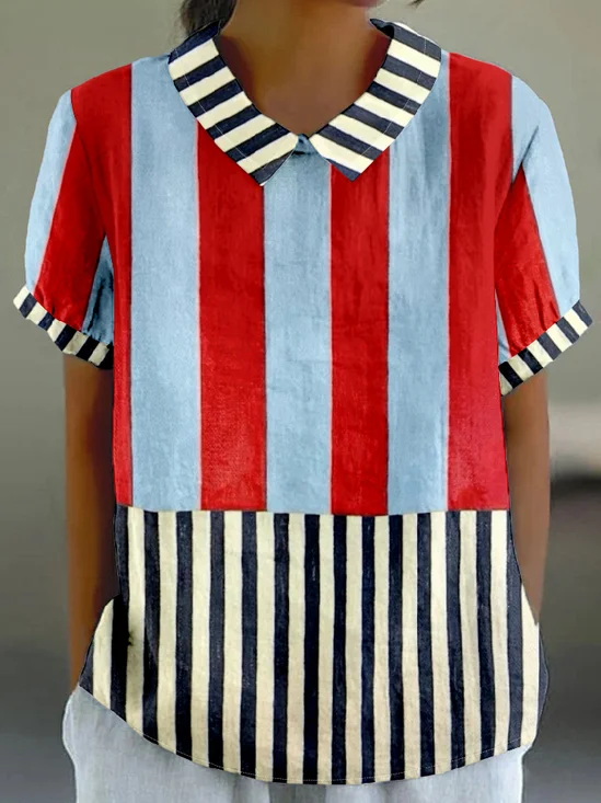 Multicolor Block Vintage Loose Shawl Collar T-Shirt