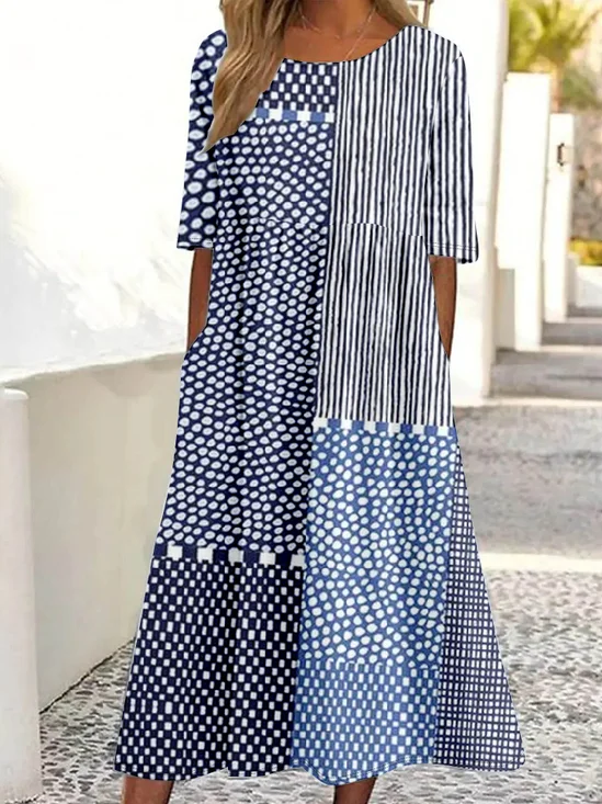 Multicolor Block Crew Neck Loose Casual Dress With No