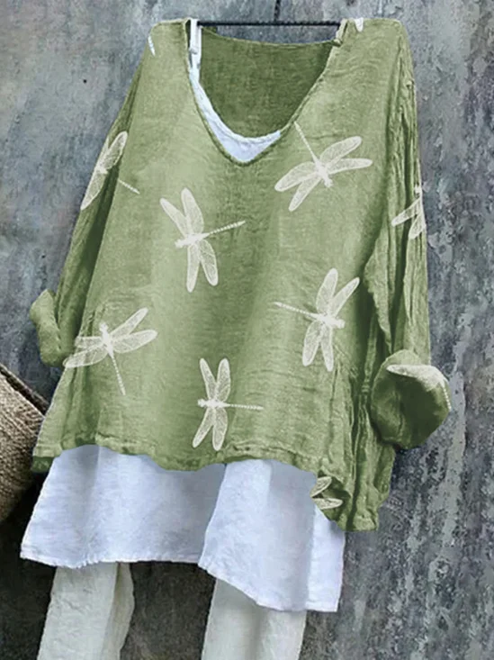 Vintage Dragonfly Cotton V Neck T-Shirt