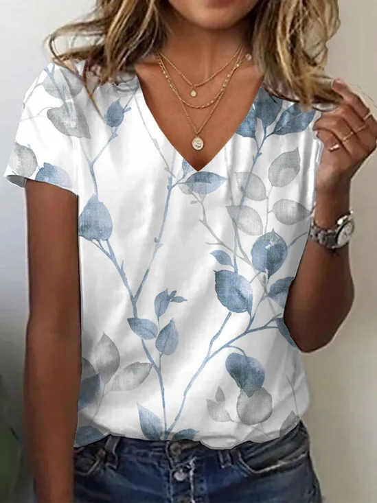 Women's Spring and Summer Floral Print Casual V-Neck Short Sleeve T-Shirt