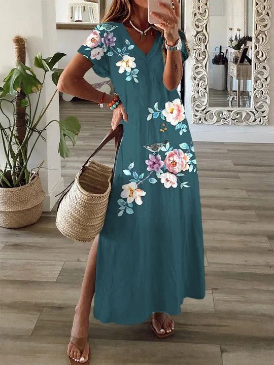 Women's Spring Summer Floral Print Casual V Neck Short Sleeve Dress