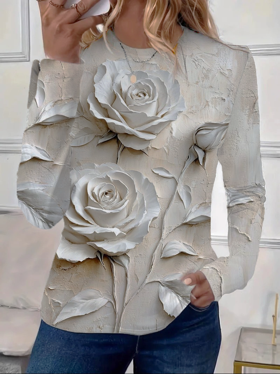 Women's Floral Print Spring Casual Round Neck Long Sleeve T-Shirt