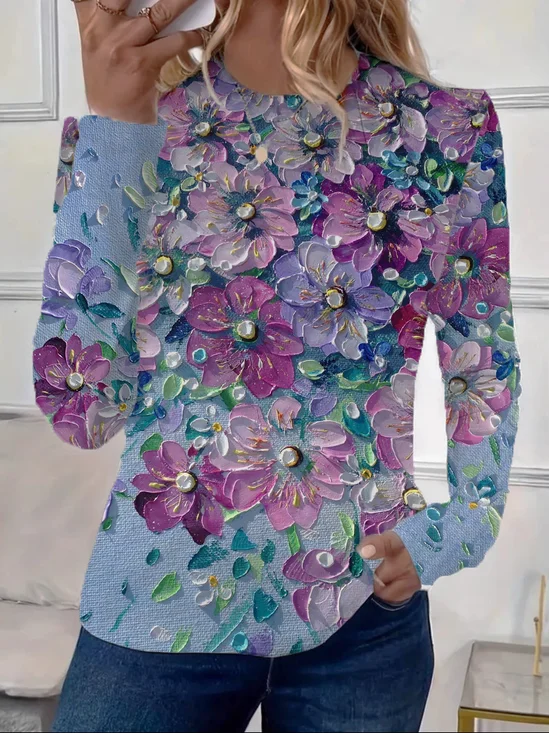 Women's Floral Print Spring Casual Round Neck Long Sleeve T-Shirt