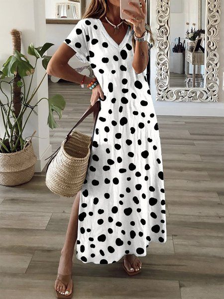 Women's Spring and Summer Polka Dot Printed Casual V-Neck Short Sleeve Dress