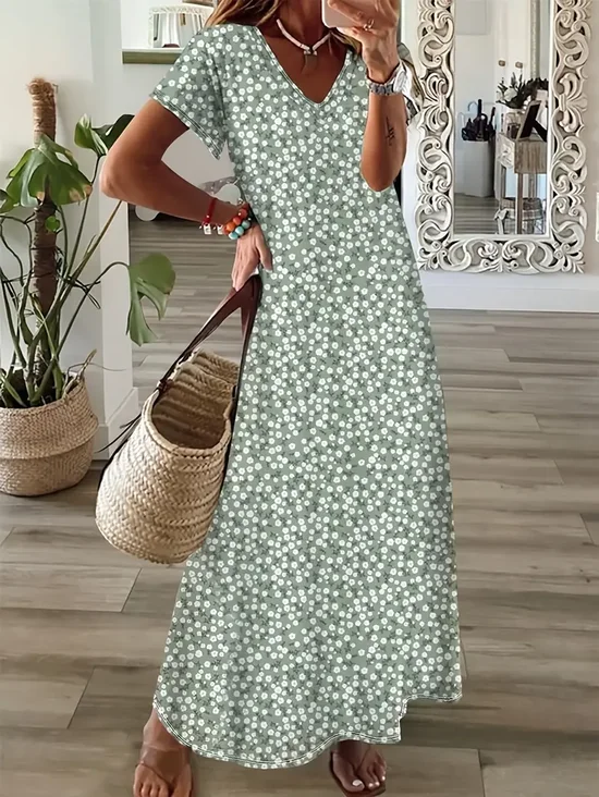 Women's Spring Summer Floral Print Casual V Neck Short Sleeve Dress