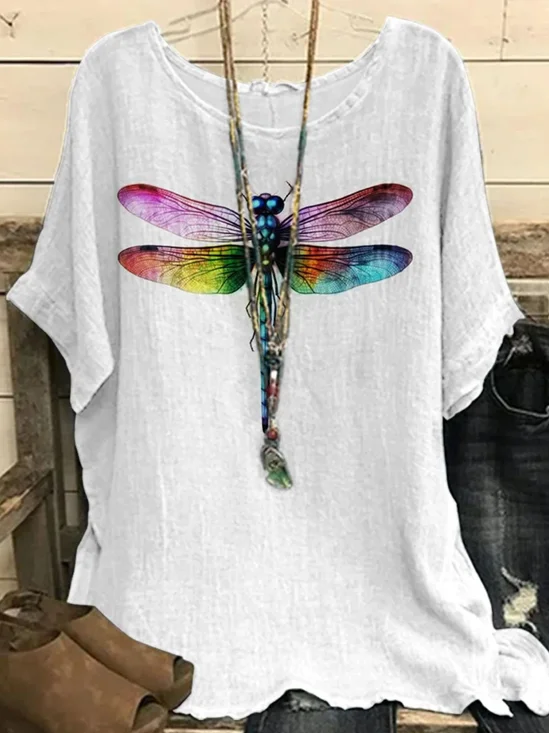 Vintage Linen Dolman Sleeve Dragonfly Loose T-Shirt