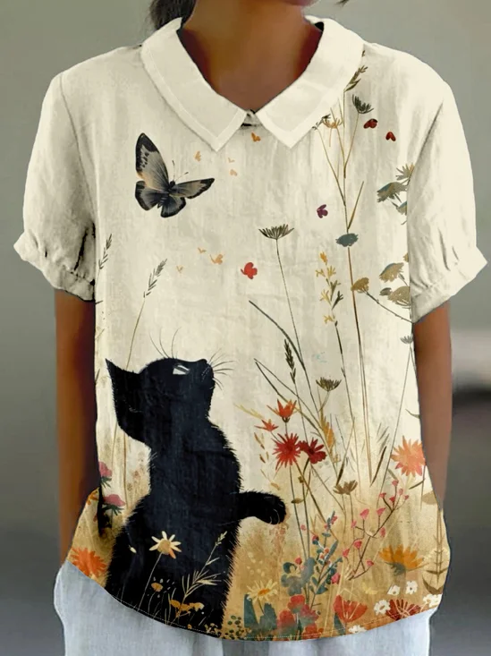 Loose Animal Picture Shawl Collar Vintage T-Shirt