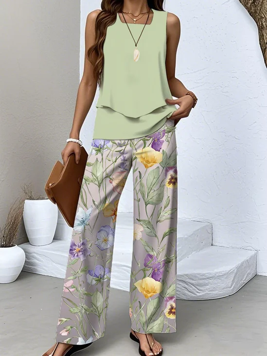 Casual Floral Crew Neck Two-Piece Set With No
