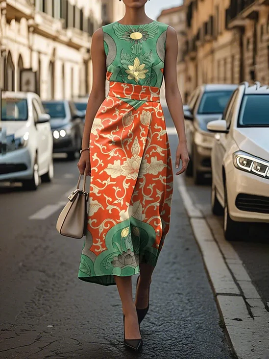 Women's Sleeveless Summer As Picture Floral Printing Crew Neck Daily Going Out Vintage Maxi H-Line Shift Dress Dress