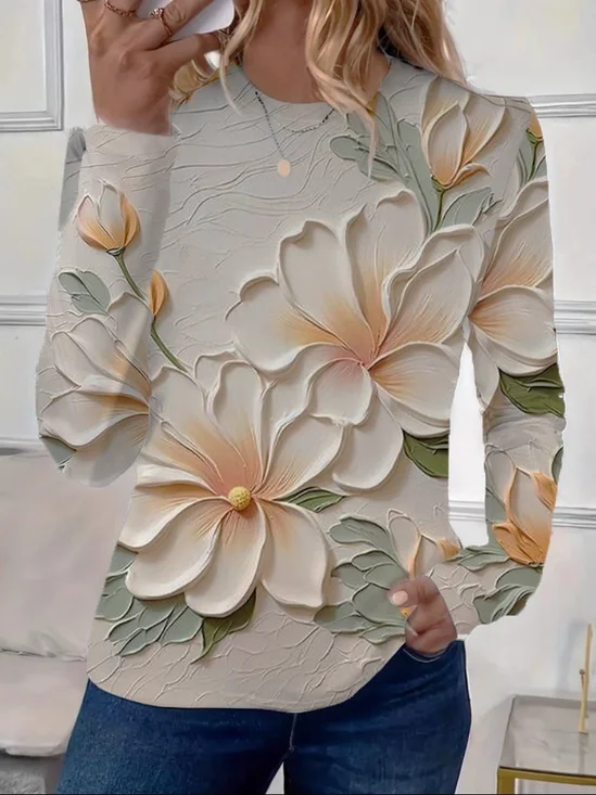 Women's Floral Print Spring Casual Round Neck Long Sleeve T-Shirt