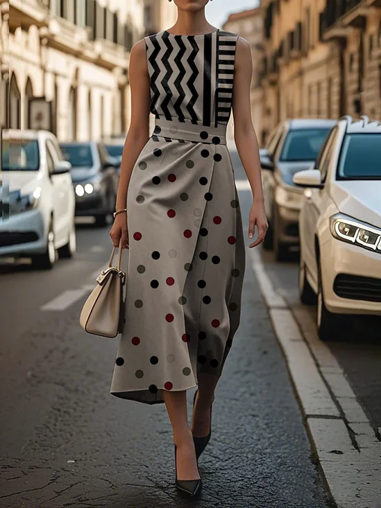 Women's Sleeveless Summer Brown Geometric Printing Crew Neck Daily Going Out Vintage Maxi H-Line Shift Dress Dress