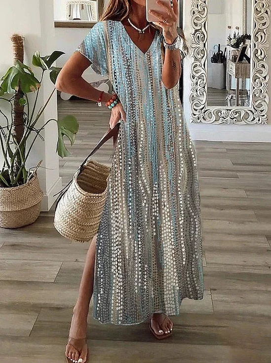 Women's Spring and Summer Printed Casual V-Neck Short Sleeve Dress