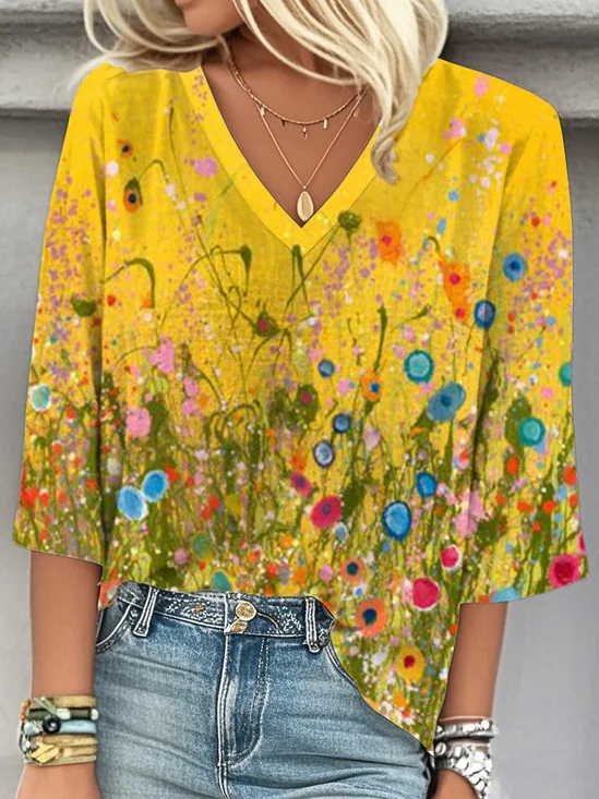 Casual Loose V Neck Gradient Pattern Blouse