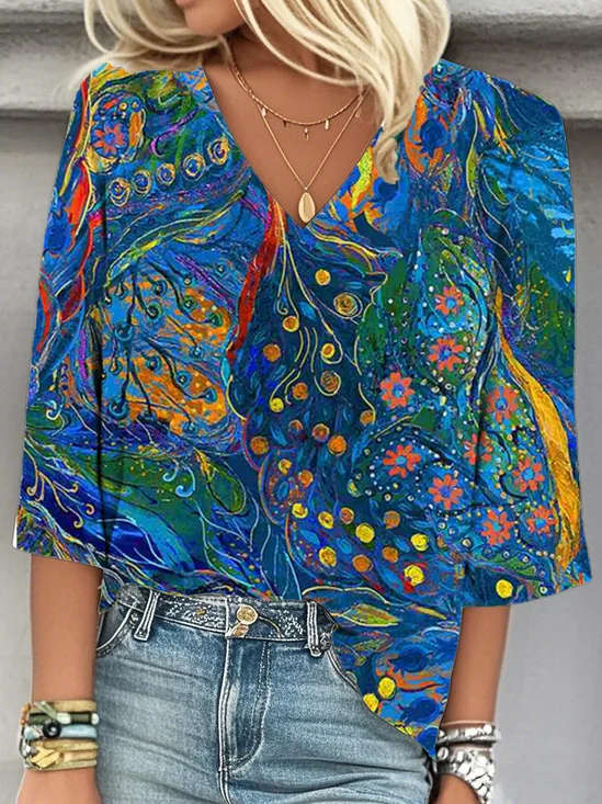 Casual Loose Pop Art Print V Neck Blouse