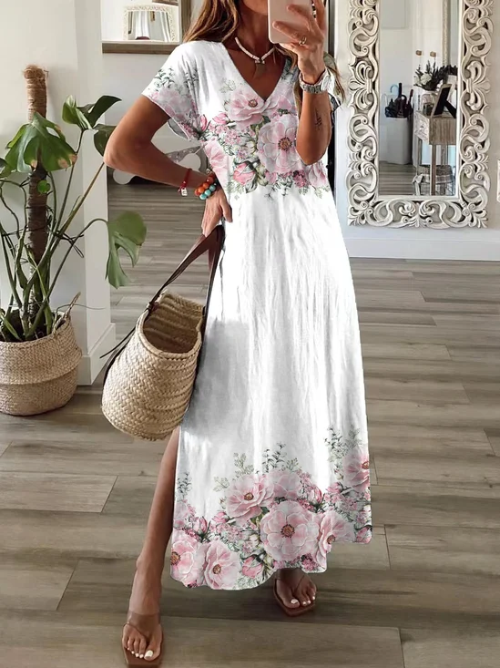 Women's Floral Print Casual V-Neck Short Sleeve Dress