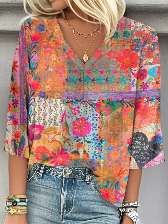 Casual Multicolor Block V Neck Loose Blouse