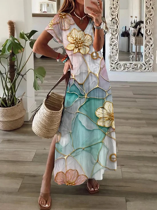 Women's Floral Print Casual V-Neck Short Sleeve Dress