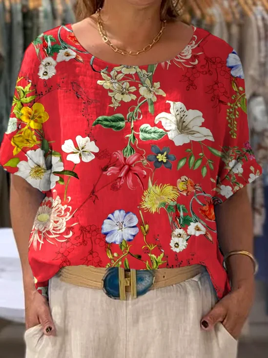 Regular Fit Crew Neck Floral Casual T-Shirt
