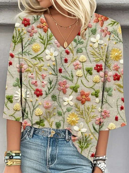 Loose V Neck Casual 3D Printing Blouse