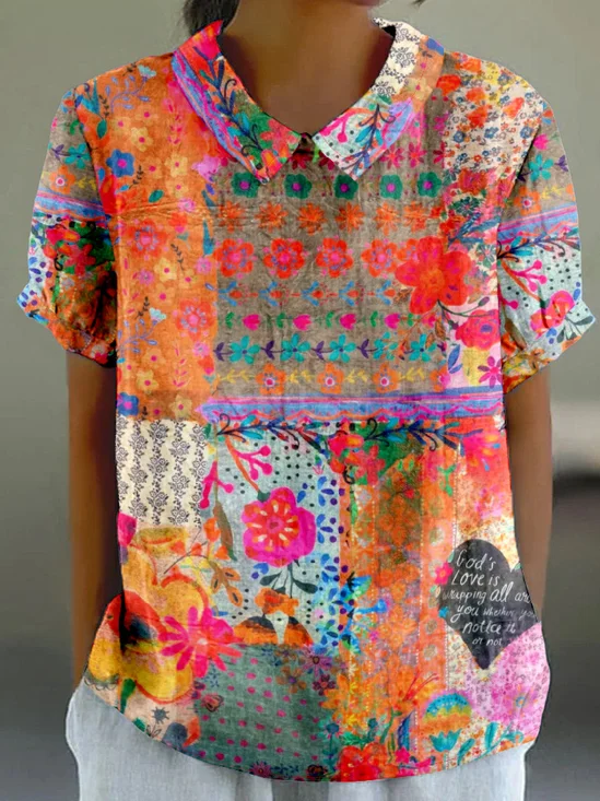 Loose Shawl Collar Vintage Multicolor Block T-Shirt