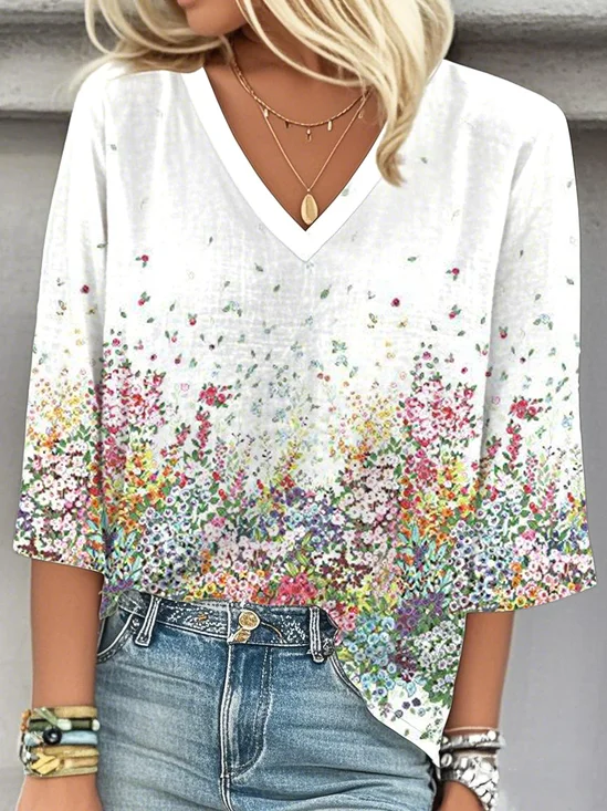 Loose V Neck Gradient Pattern Casual Blouse