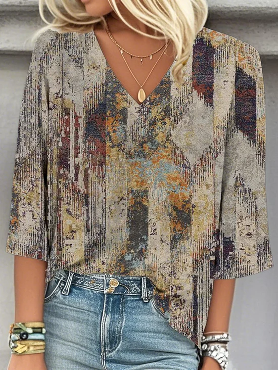 Geometric Casual Loose V Neck Blouse