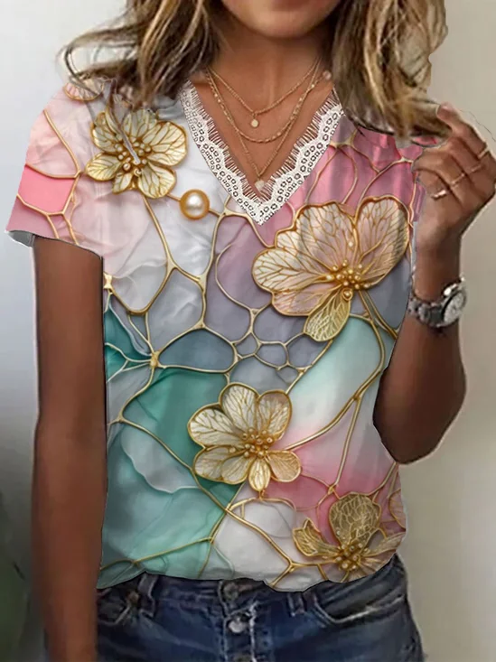 Women's Short Sleeve T-shirt Summer As Picture Floral Printing V Neck Daily Going Out Casual Top