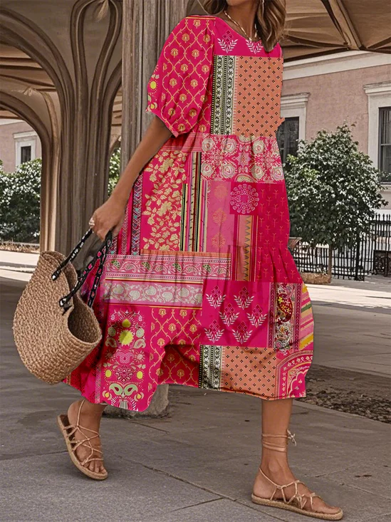 Loose Crew Neck Ethnic Casual Dress With No