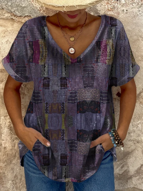 Women's retro ethnic patchwork print casual V-neck T-Shirt
