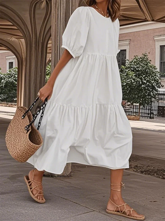 Casual Loose Solid Color Round Neck Three-Section Dress