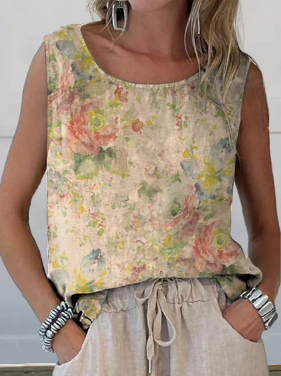 Women's Sleeveless Tank Top Summer Apricot Floral Printing Crew Neck Daily Going Out Casual Top