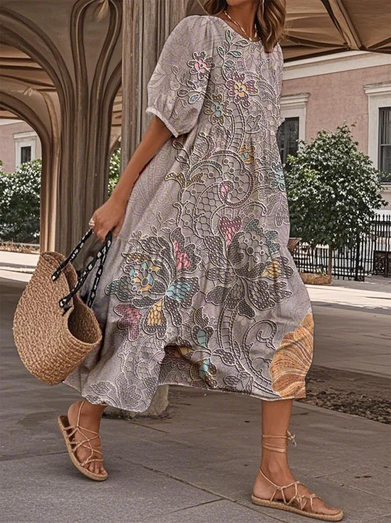 Loose Casual 3D Printing Crew Neck Dress With No