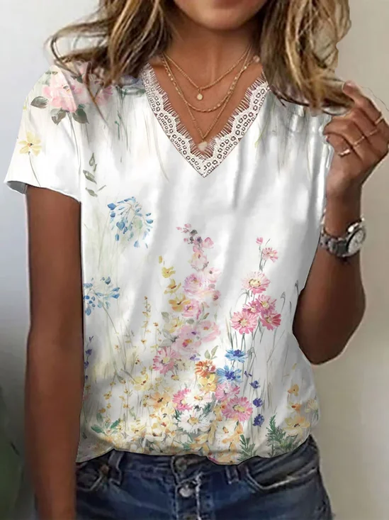Women's Short Sleeve T-shirt Summer White Floral Printing V Neck Daily Going Out Casual Top