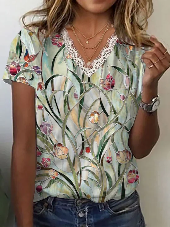Women's Short Sleeve T-shirt Summer Green Floral Printing V Neck Daily Going Out Casual Top
